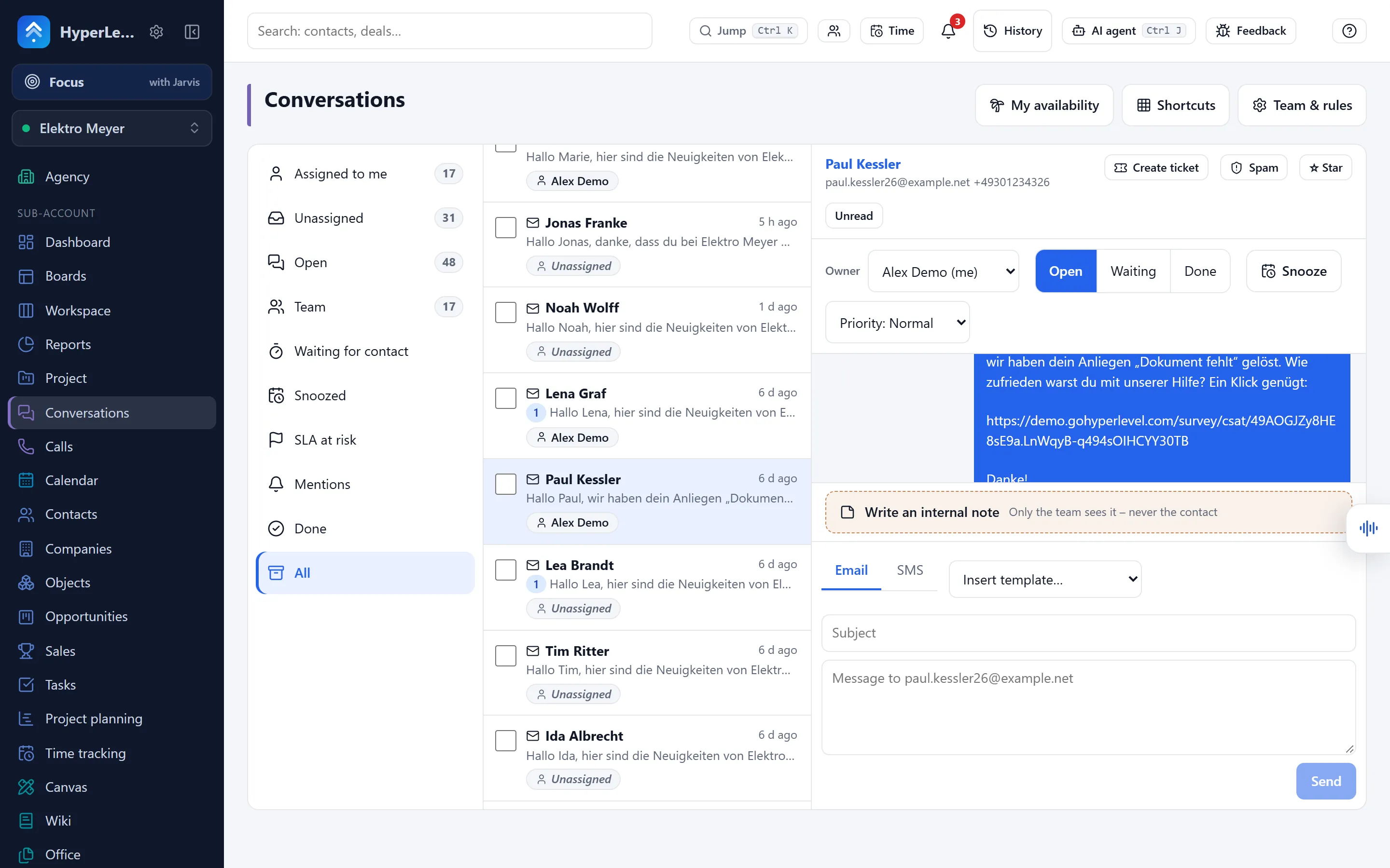 Unified inbox with an open conversation